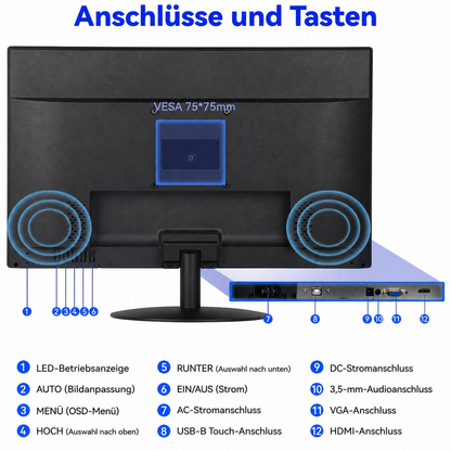 21,5" Full-HD IPS Touchscreen Monitor | 10-Punkt Touch | HDMI | VESA | 75 Hz