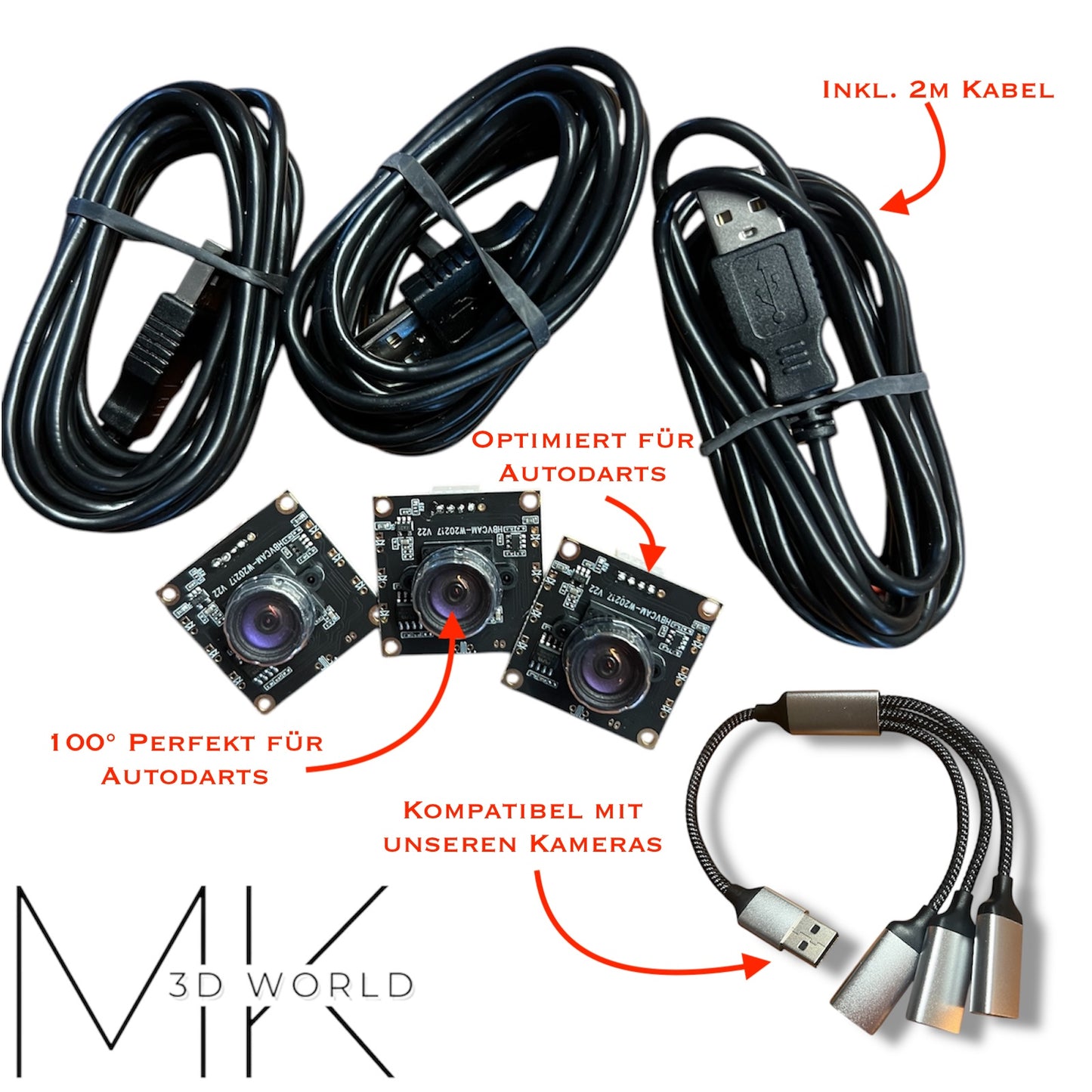 3x HBV OV9732 100° Kameras für Autodarts – inkl. 2m Kabel , 3in1 USB Hub