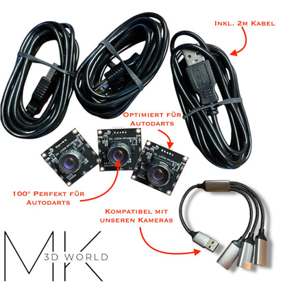 3x HBV OV9732 100° Kameras für Autodarts – inkl. 2m Kabel , 3in1 USB Hub