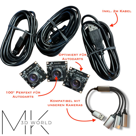 3x HBV OV9732 100° Kameras für Autodarts – inkl. 2m Kabel , 3in1 USB Hub