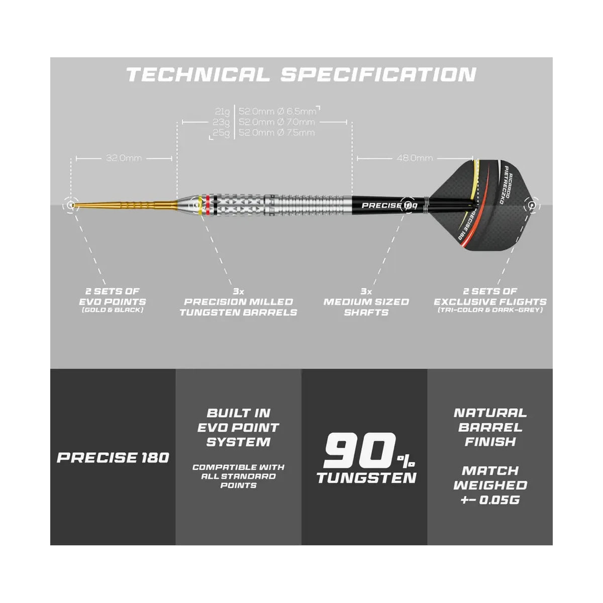 Precise180 Ricardo Pietreczko 90% Steeldarts – 21g / 23g / 25g